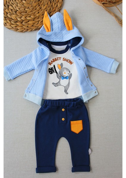 Zenwave Rabbit Şhow Nakışlı Kapşonlu Ceket Uzun Kollu Sweat Erkek Bebek 3lü Takım