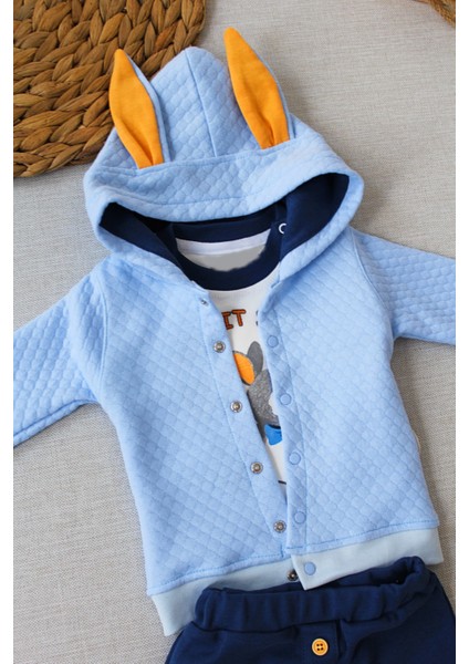 Zenwave Rabbit Şhow Nakışlı Kapşonlu Ceket Uzun Kollu Sweat Erkek Bebek 3lü Takım