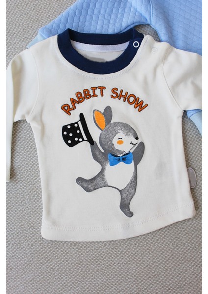 Zenwave Rabbit Şhow Nakışlı Kapşonlu Ceket Uzun Kollu Sweat Erkek Bebek 3lü Takım