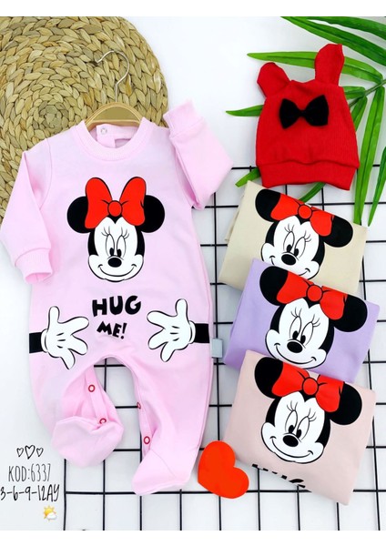 Zenwave Mickey Baskılı Kulaklı Şapka Uzun Kollu Kız Erkek Bebek Tulumu