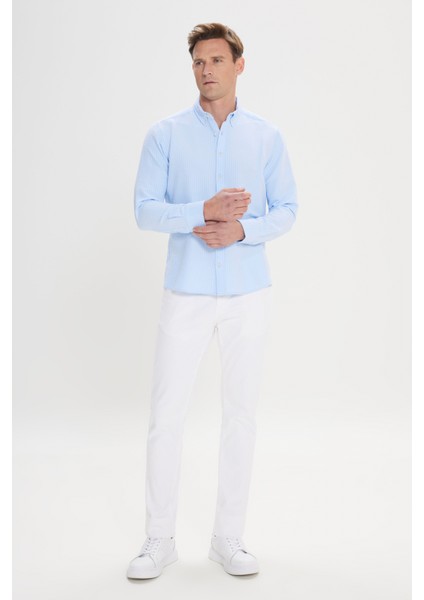ALTINYILDIZ CLASSICS Erkek Mavi Slim Fit Dar Kesim Düğmeli Yaka %100 Pamuk Gömlek