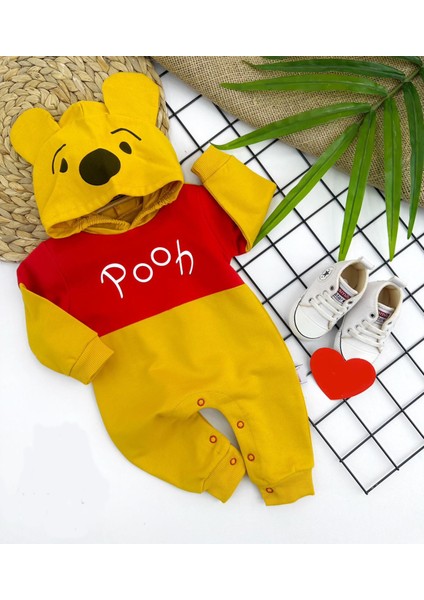 Zenwave Pooh Baskılı ve Kapşonlu Kız Erkek Bebek Tulumu
