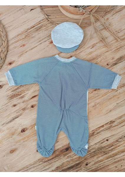 Zenwave Papyonlu Çizgi Desen Çıtçıt Kapama Kasketli Erkek Bebek Tulumu