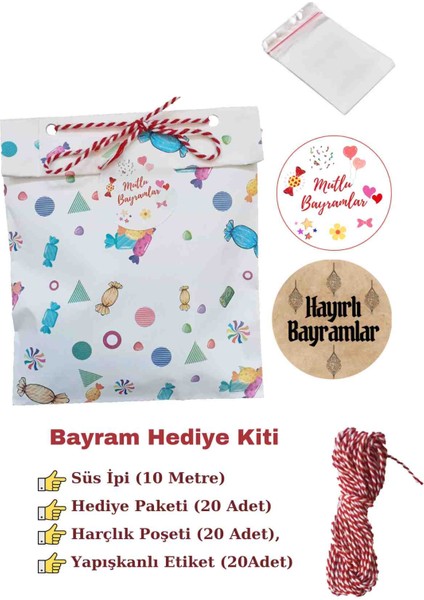 Bayram Hediye Seti, Hediye Paketi, Harçlık Poşeti, Süs Ipi, Yapışkanlı Etiket