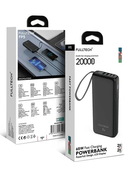 Dijital LCD 65W Hızlı Şarjlı Powerbank 20000MAH Kapasiteli Type-C ve USB Fp5