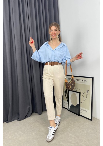 Taş Rengi Kemerli Gabardin Skinny Pantolon