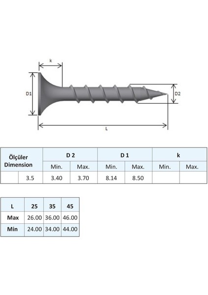 Alçıpan Vidası Sivri Uçlu 3.5X25 Mm. - 100 Adet fiyatları