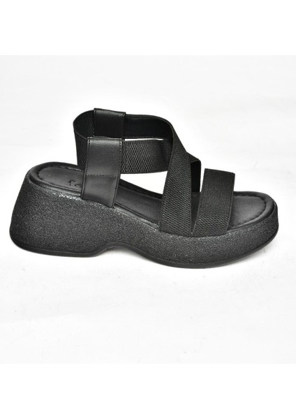 S996048004 Siyah Kumaş Kalın Tabanlı Kadın Sandalet
