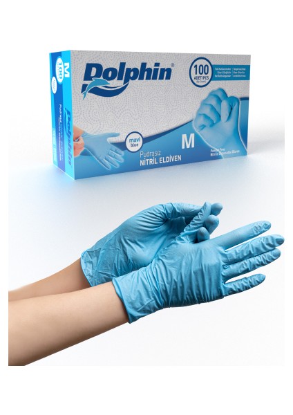 Dolphin Mavi Nitril Eldiven Pudrasız (M) 100LÜ Paket