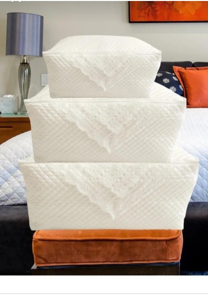 3 Lü Hurç Seti Çeyizlik Inci Oyalı Oya Işlemeli Dantteli Hurç Kapitoneli Saten Hurç