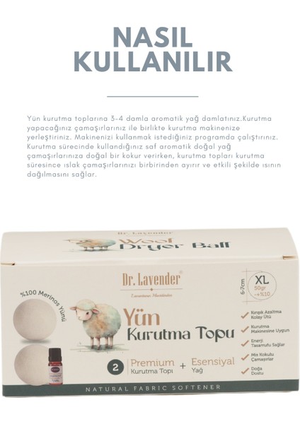 Dr. Lavender Merinos Yünü Xl Boy Çamaşır Kurutma Topu 50 Gr.+ Esansiyel Yağ 10 ml + Lavanta Kesesi