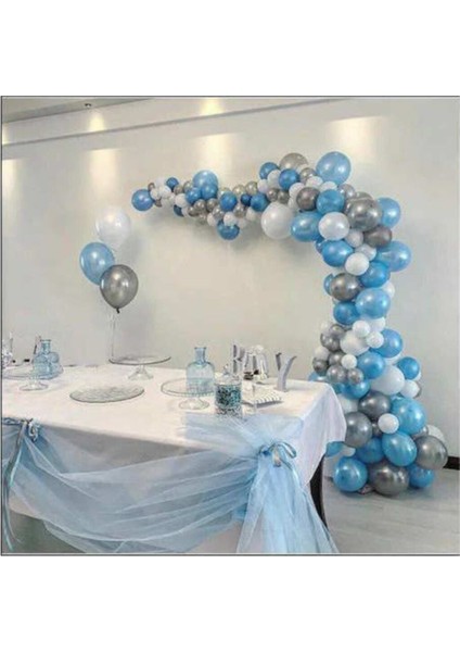 50 Ad A.mavi-Beyaz-Gümüş Metalik Balon 5 mt Balon Zinciri Parti Balon Seti