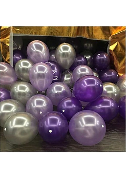50 Adet Metalik Balon (Mor - Gümüş Karışık) Uçan Balon