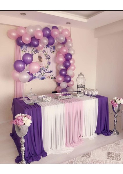 50 Adet Metalik Mor ve Pembe Pastel Beyaz Balon +5 mt Balon Zinciri