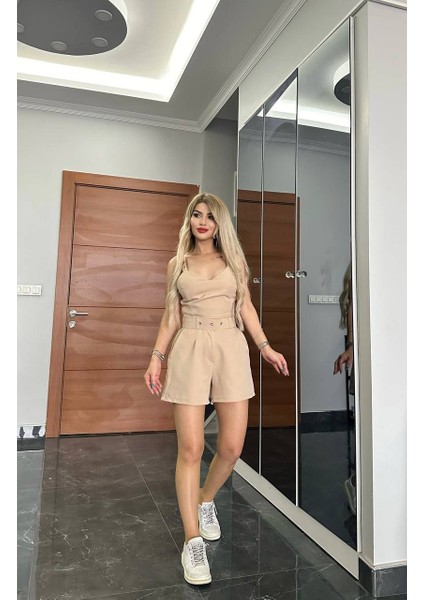 Ithal Dabıl Dokuma Kumaş Şortlu Takım Özel Taş Dikim Aksesuarlı Şortlu Takım