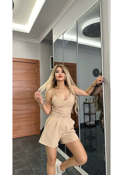 Ithal Dabıl Dokuma Kumaş Şortlu Takım Özel Taş Dikim Aksesuarlı Şortlu Takım
