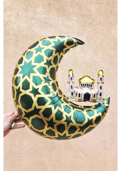 Yarım Ay Hilal Cami Figürlü Ay Kubbe Türbe Yeşil Üstü Gold Renk Folyo Balon Ramazan