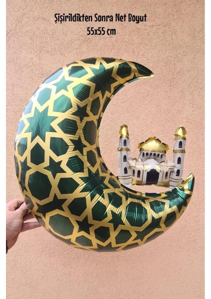 Yarım Ay Hilal Cami Figürlü Ay Kubbe Türbe Yeşil Üstü Gold Renk Folyo Balon Ramazan fiyatları