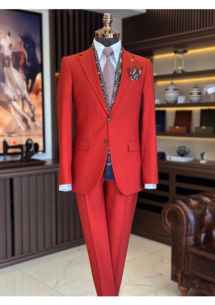 Italyan Stil Slim Fit Ceket Pantolon Takım Elbise Kırmızı T11350