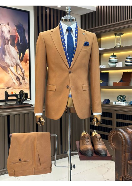 Italyan Stil Slim Fit Ceket Pantolon Takım Elbise Camel T11347