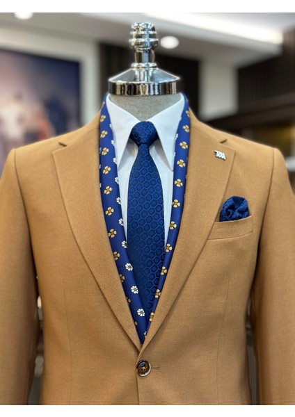 Italyan Stil Slim Fit Ceket Pantolon Takım Elbise Camel T11347 modelleri