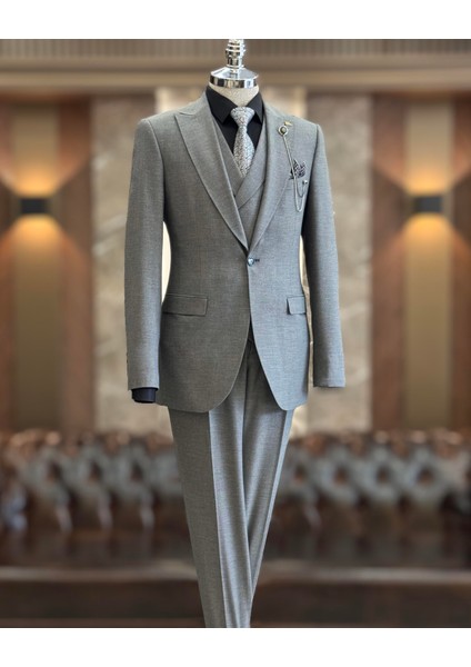 İtalyan stil slim fit erkek ceket yelek pantolon takım elbise Gri T10785