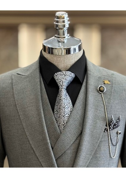 İtalyan stil slim fit erkek ceket yelek pantolon takım elbise Gri T10785 modelleri