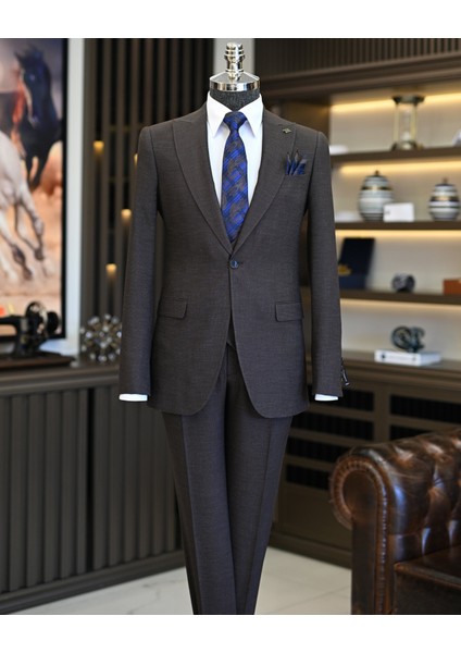 İtalyan stil slim fit erkek ceket yelek pantolon takım elbise kahverengi T11022