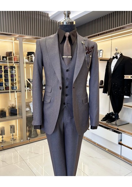 Italyan Stil Ceket Yelek Pantolon Erkek Takım Elbise Kahverengi T11120