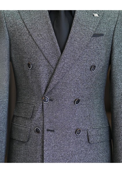 Italyan Stil Slim Fit Erkek Kruvaze Ceket Pantolon Takım Elbise Siyah T11557