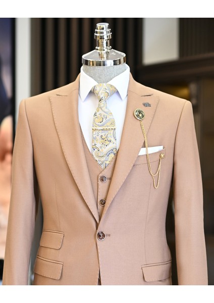 Italyan Stil Slim Fit Ceket Yelek Pantolon Takım Elbise Camel T11606 fiyatları