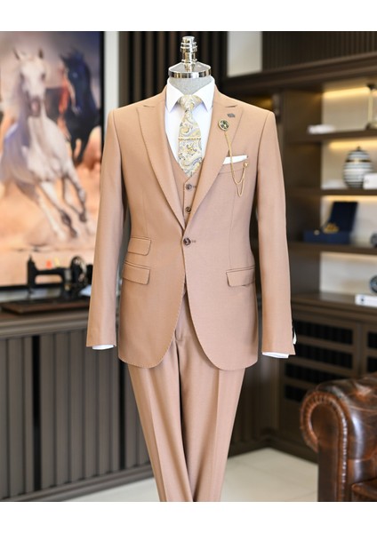Italyan Stil Slim Fit Ceket Yelek Pantolon Takım Elbise Camel T11606 modelleri