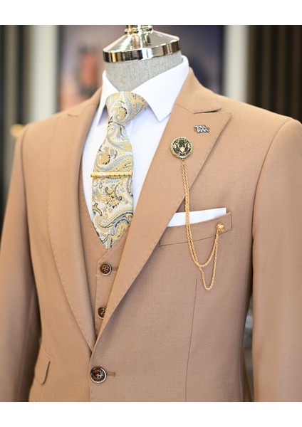 Italyan Stil Slim Fit Ceket Yelek Pantolon Takım Elbise Camel T11606 indirimleri