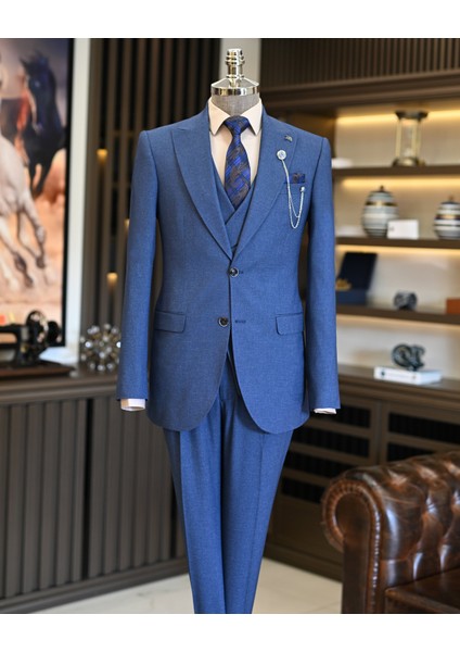 Italyan Stil Ceket Yelek Pileli Pantolon Takım Elbise Mavi T11321