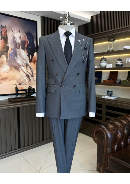 İtalyan stil kruvaze ceket pantolon erkek takım elbise gri T11097