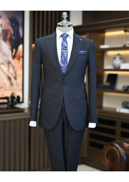 Italyan Stil Slim Fit Erkek Ceket Yelek Pantolon Takım Elbise Lacivert T11023