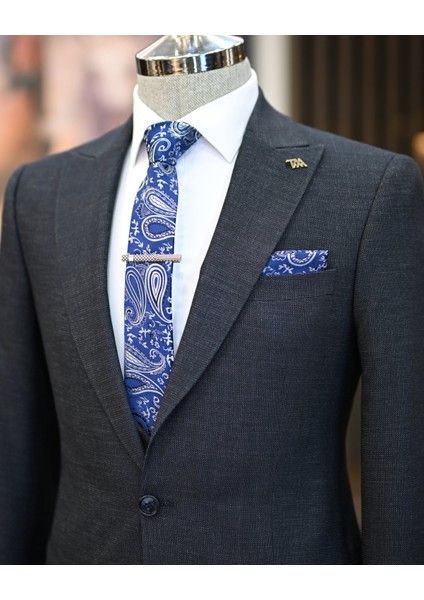 Italyan Stil Slim Fit Erkek Ceket Yelek Pantolon Takım Elbise Lacivert T11023 indirimleri
