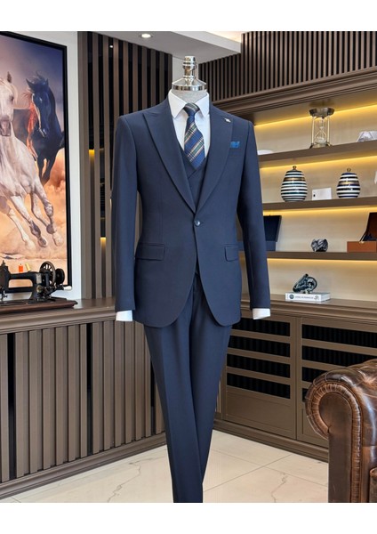 İtalyan stil slim fit erkek ceket yelek pantolon takım elbise lacivert T11685