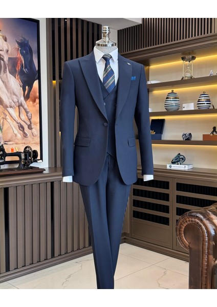 İtalyan stil slim fit erkek ceket yelek pantolon takım elbise lacivert T11685 modelleri