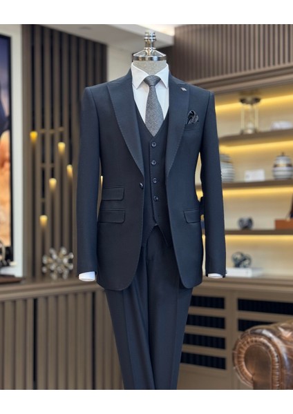 Italyan Stil Slim Fit Armür Desenli Ceket Yelek Pantolon Takım Elbise Lacivert T11489 fiyatları