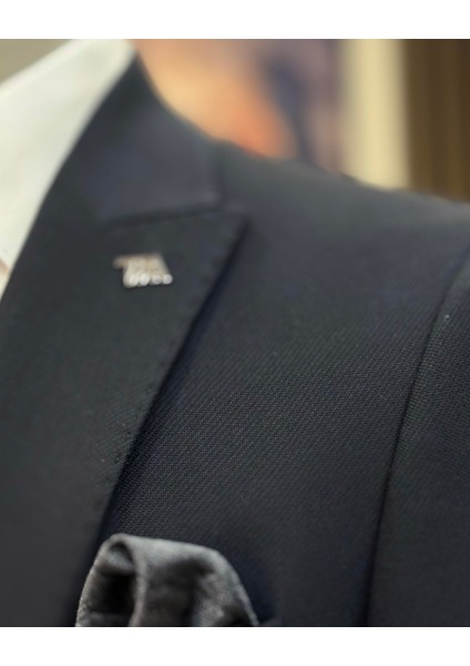 Italyan Stil Slim Fit Armür Desenli Ceket Yelek Pantolon Takım Elbise Lacivert T11489 modelleri