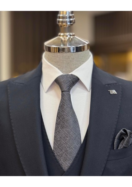 Italyan Stil Slim Fit Armür Desenli Ceket Yelek Pantolon Takım Elbise Lacivert T11489 fırsatları