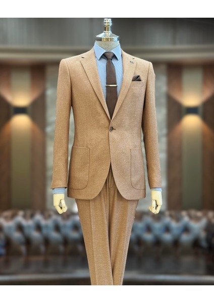 Italyan Stil Slim Fit Mono Yaka Ceket Pantolon Takım Elbise Kiremit T11544