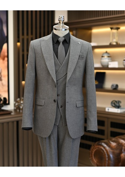 Italyan Stil Ceket Yelek Pileli Pantolon Takım Elbise Gri T11326 fiyatları