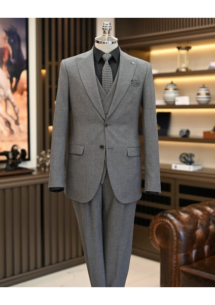 Italyan Stil Ceket Yelek Pileli Pantolon Takım Elbise Gri T11326 modelleri