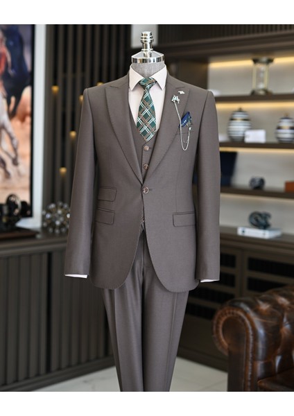 Italyan Stil Slim Fit Ceket Yelek Pantolon Takım Elbise Kahverengi T11482 fırsatları