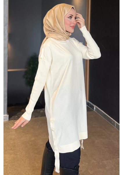 Ekru Düğme Detaylı Tesettür Triko Tunik P-00009189 modelleri