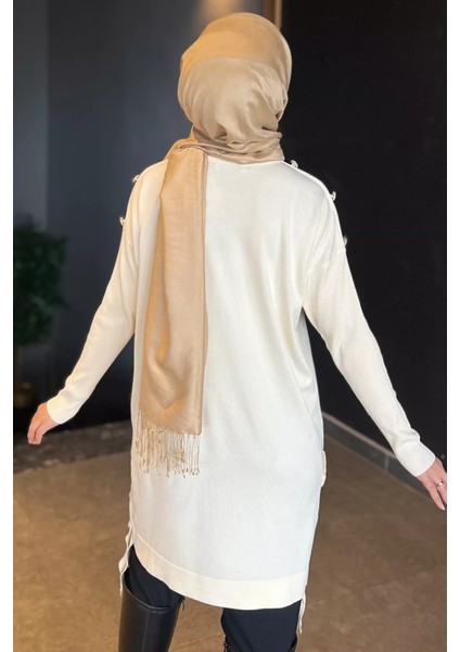 Ekru Düğme Detaylı Tesettür Triko Tunik P-00009189 fırsatları