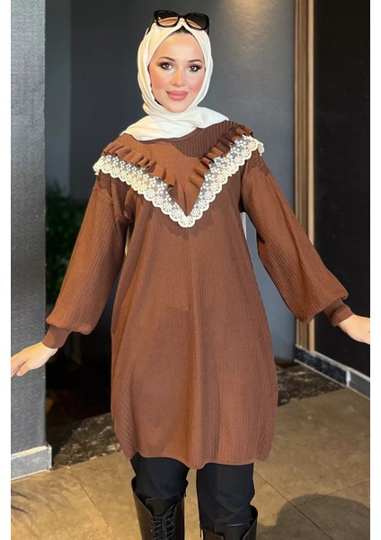 Kahve Dantel Detaylı Fırfırlı Tesettür Triko Tunik P-00009191 fiyatları