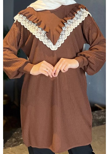 Kahve Dantel Detaylı Fırfırlı Tesettür Triko Tunik P-00009191 modelleri
